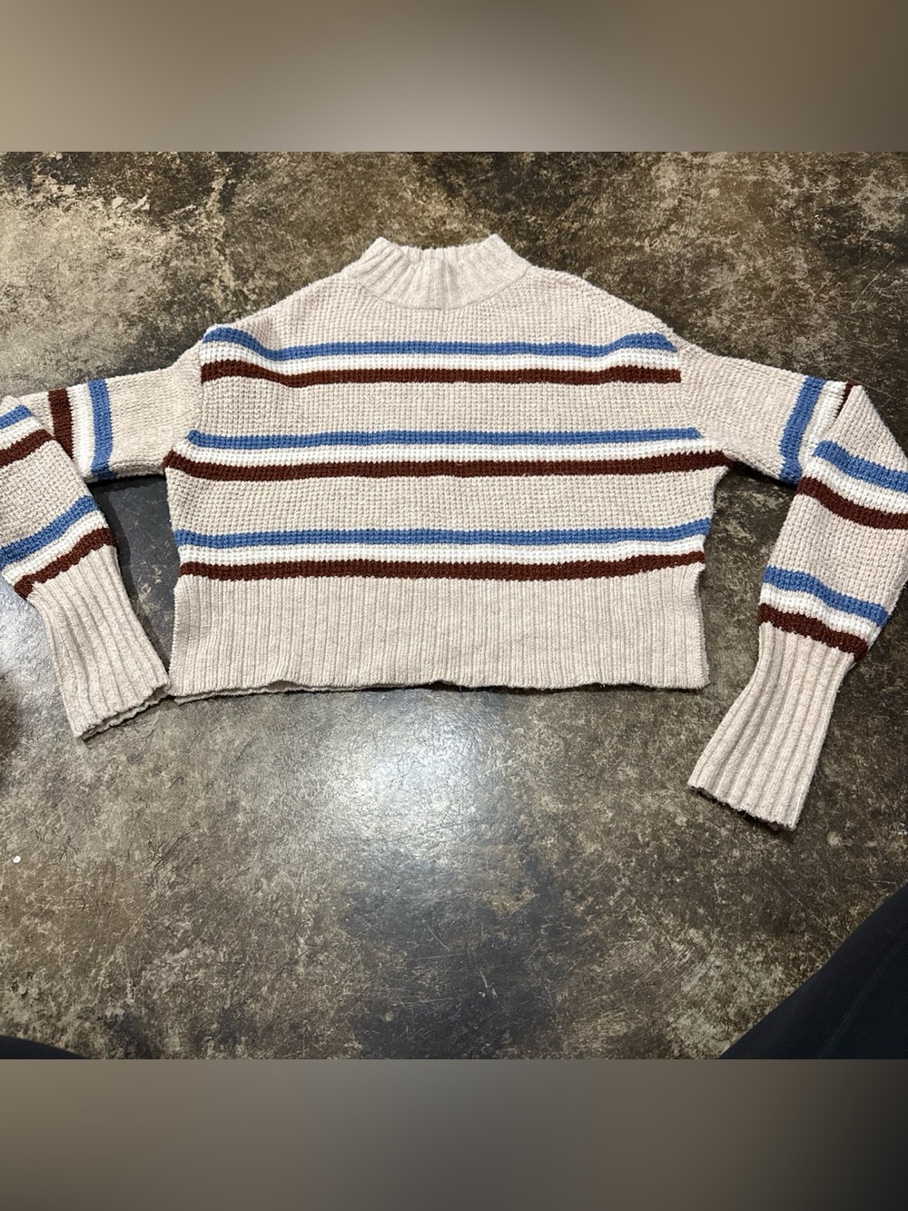 Arizona Jean Company Cream Mock Neck Striped Sweater with Blue & Brown